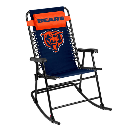 Chicago Bears bungee rocker furniture with logo branding, featuring a comfortable rocker seat with team colors and logo graphics.