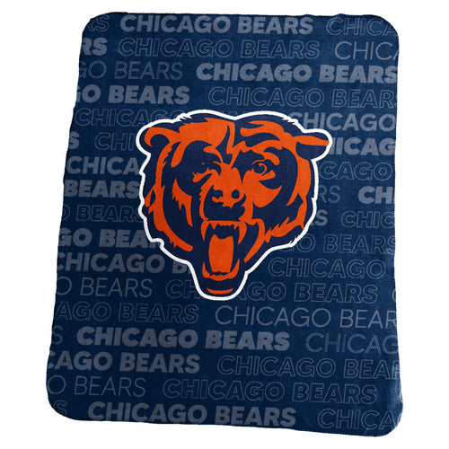 Chicago Bears classic fleece blanket by Logo Brands, showing a cozy NFL team blanket with Bears logos and navy blue and orange colors.