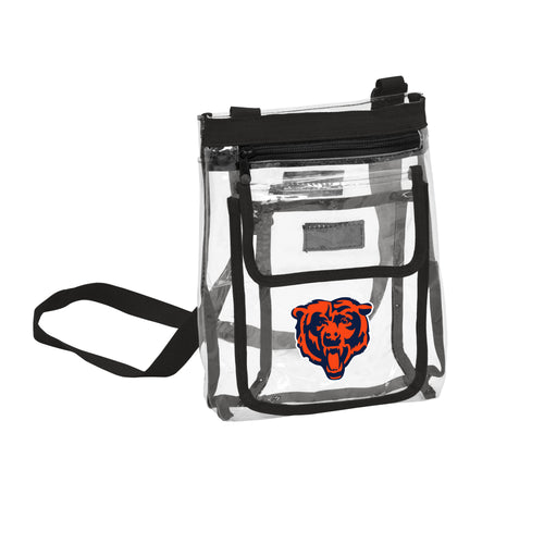Clear crossbody bag featuring Chicago Bears logo, designed by Logo Brands, with adjustable strap and team graphics.