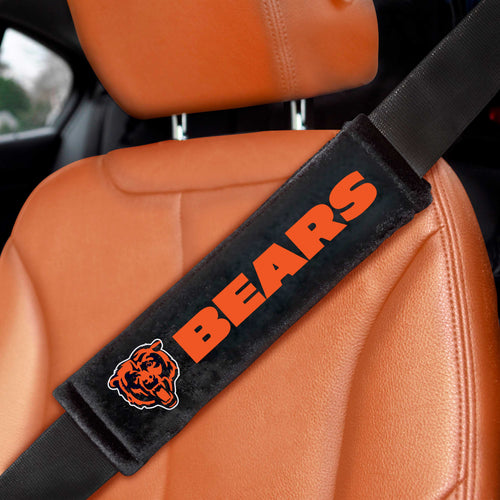 Pair of NFL Chicago Bears embroidered auto seat belt pads by Logo Brands, featuring team logo and comfortable cushioning.