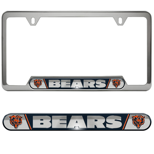 Chicago Bears embossed license plate frame by Logo Brands, featuring team logo and design for vehicle customization.