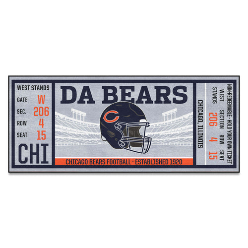 Chicago Bears NFL ticket runner mat by Logo Brands featuring team logo and vibrant design, ideal for game room or fan space.
