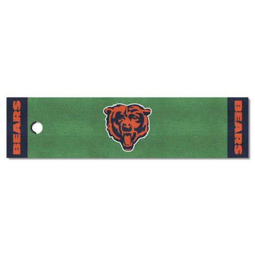 NFL Chicago Bears putting green mat by Logo Brands, featuring team logo and realistic putting surface for golf practice.