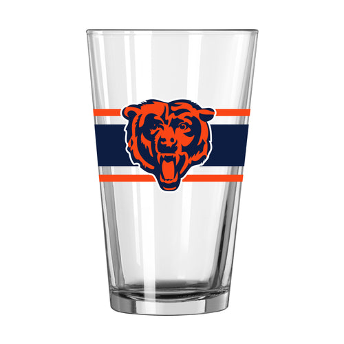 Chicago Bears 16oz stripe pint glass, Logo Brands drinkware with team logo and blue and orange stripe design.