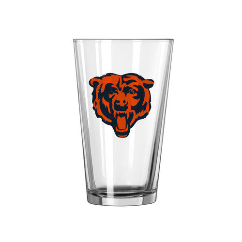 Chicago Bears 16oz logo pint glass, clear drinkware with team emblem, ideal for fans and sports memorabilia.