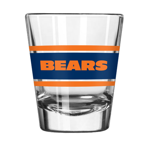 Chicago Bears 2oz stripe shot glass, Logo Brands drinkware featuring team logo and colorful striped design.