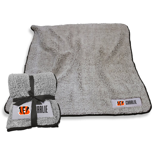 Cincinnati Bengals personalized frost fleece blanket by Logo Brands, featuring team colors and logo, soft and cozy for fans.
