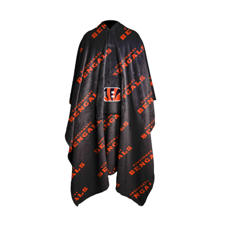 Cincinnati Bengals wearable throw blanket by Logo Brands, featuring team logo and vibrant colors for fan comfort.