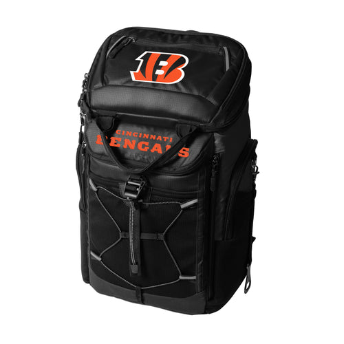 Cincinnati Bengals 26-can backpack cooler by Logo Brands, featuring team logo and insulated main compartment for beverages.