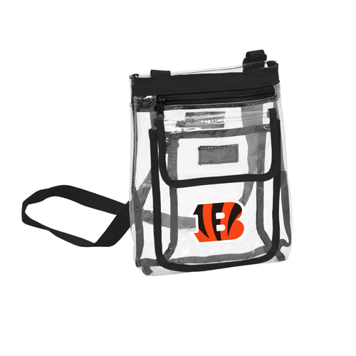Cincinnati Bengals clear crossbody bag with adjustable strap and team logo, perfect for game day or casual outings.