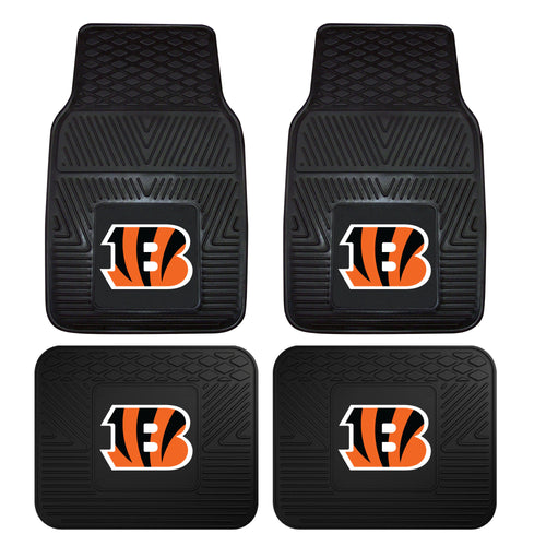 Set of four Cincinnati Bengals vinyl car mats featuring team logo and colors, designed for auto interior protection.