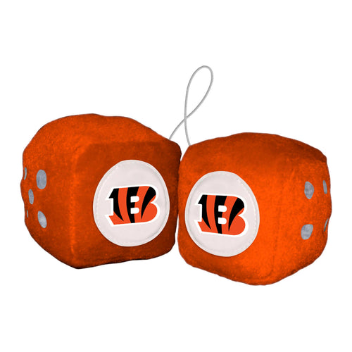 NFL Cincinnati Bengals fuzzy dice for cars, featuring team logo and vibrant colors, ideal as a fun auto accessory.