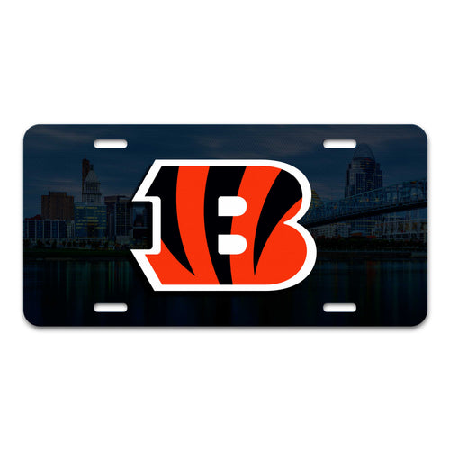 Cincinnati Bengals flat metal license plate featuring team logo and colors, ideal for sports fan vehicle decoration.