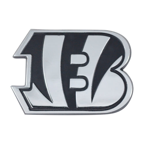 Cincinnati Bengals chrome emblem by Logo Brands, featuring team logo with shiny metallic finish for car or fan display.
