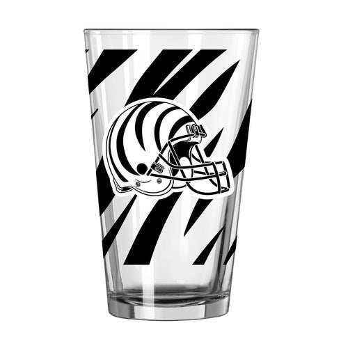 White ceramic pint glass featuring Cincinnati Bengals tiger logo, 16oz capacity, branded drinkware by Logo Brands.