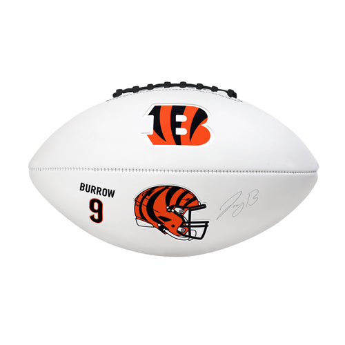 Recreation football signed by Cincinnati Bengals quarterback Joe Burrow with full autograph, featuring team logo and player details.