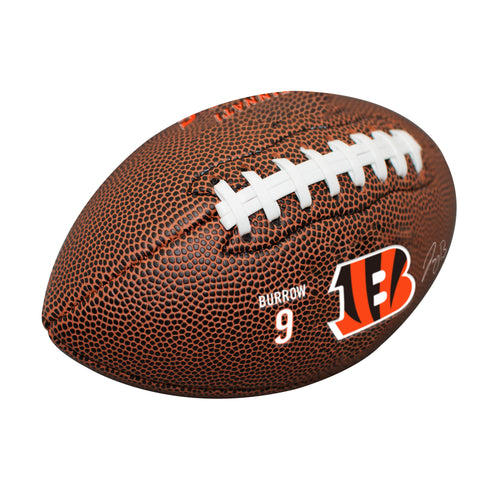 Cincinnati Bengals mini Joe Burrow composite football for recreation by Logo Brands, featuring team logo and player image.