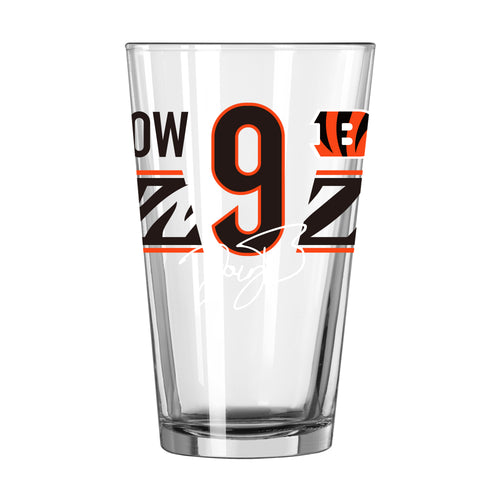 Joe Burrow 16oz pint glass from Logo Brands, featuring a clear glass design with team branding and player image.