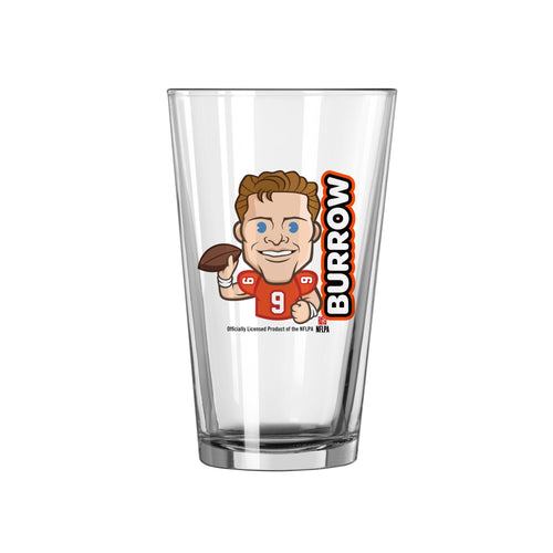 Cincinnati Bengals Joe Burrow caricature 16oz pint glass featuring team logo and player image, perfect for football fans.