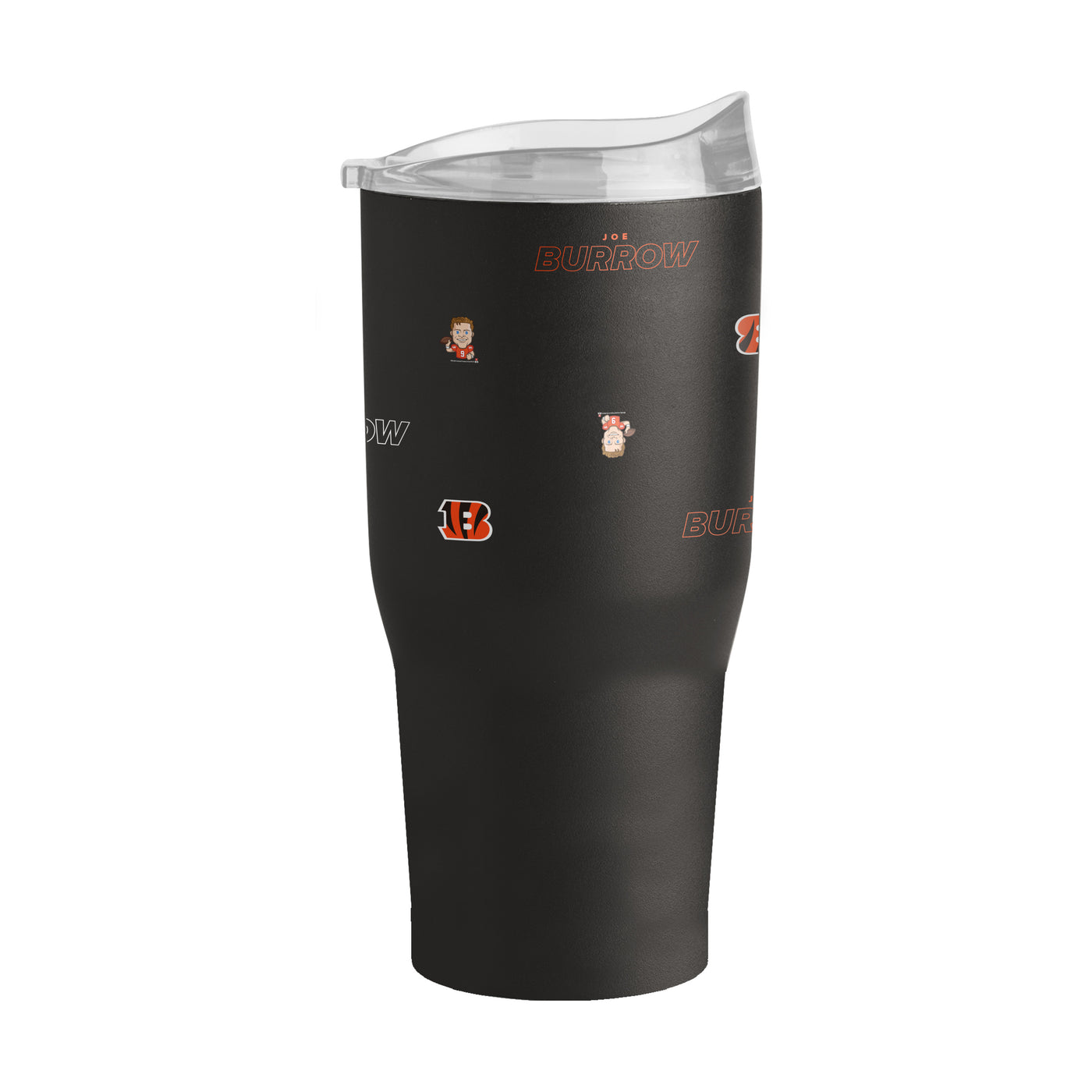 Cincinnati Bengals Joe Burrows Caricature Step And Repeat 30oz Powder Coat Tumbler