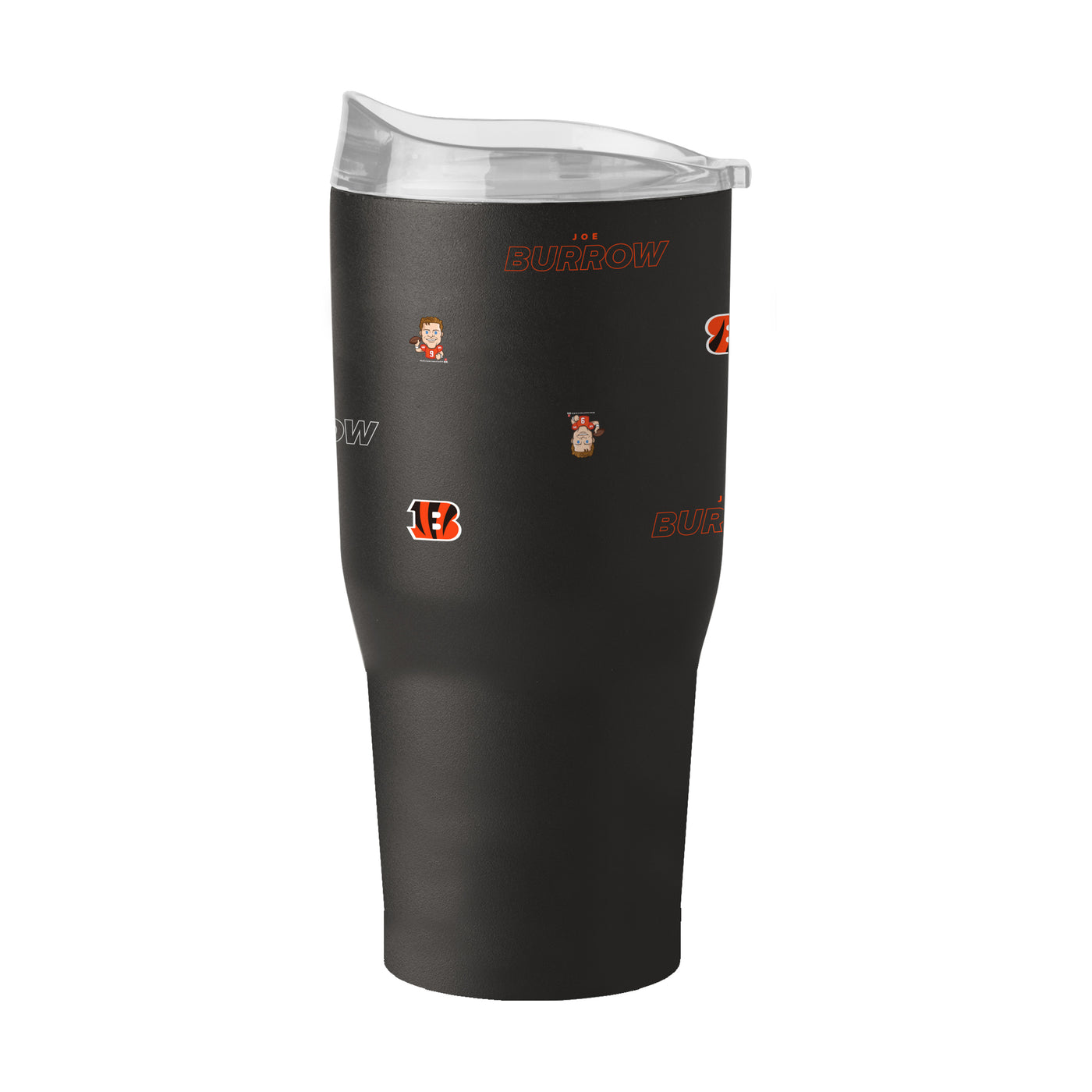 Cincinnati Bengals Joe Burrows Caricature Step And Repeat 30oz Powder Coat Tumbler