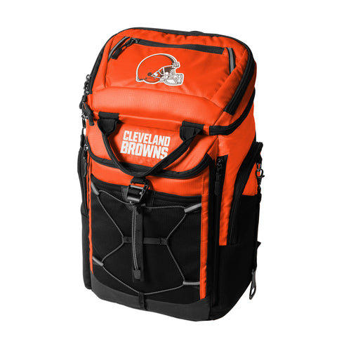 Cleveland Browns 26-can backpack cooler by Logo Brands, featuring team logo and insulated main compartment for beverages.
