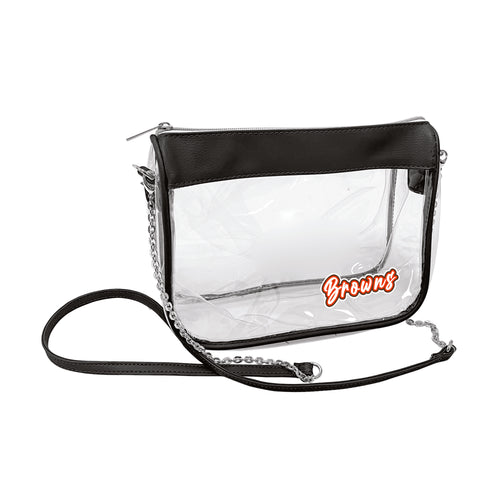 Clear bag with Cleveland Browns logo and hype design, made by Logo Brands, perfect for game day or stadium entry.
