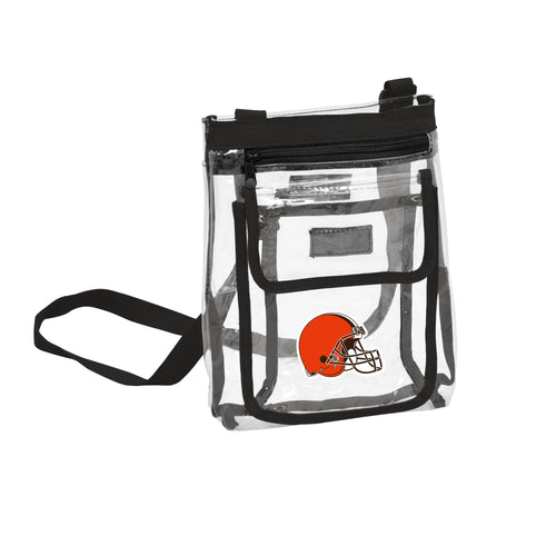 Clear crossbody bag featuring Cleveland Browns logo and branding, made by Logo Brands, with adjustable strap and transparent design.