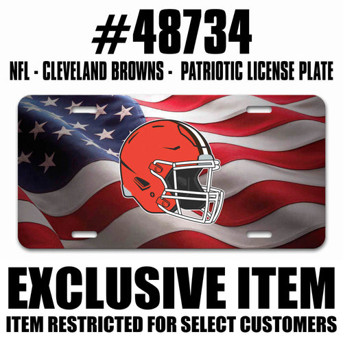 Embossed Cleveland Browns NFL patriotic license plate with team logo and American flag design by Logo Brands.
