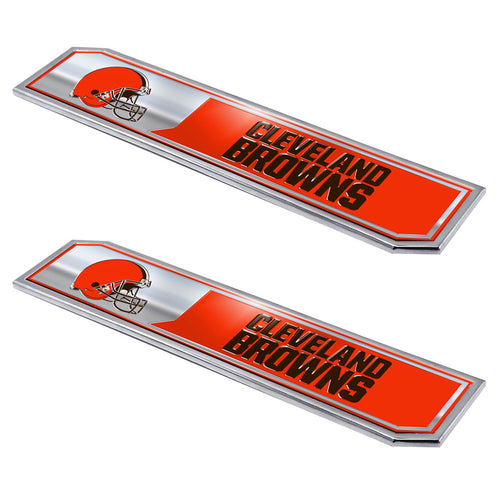 Pair of Cleveland Browns embossed truck emblems by Logo Brands, featuring team logo and durable metal construction.