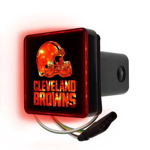 NFL Cleveland Browns lighted hitch cover by Logo Brands, featuring team logo and illumination for vehicle rear display.