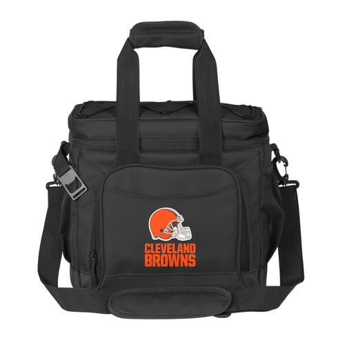 Black Cleveland Browns 24-can flex cooler by Logo Brands, with team logo and adjustable shoulder strap.