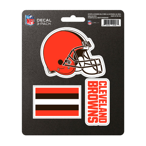Set of three Cleveland Browns decals featuring team logos, ideal for decorating laptops, water bottles, or car windows.