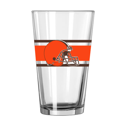Cleveland Browns 16oz stripe pint glass with team logo, clear glass drinkware for fans and game day celebrations