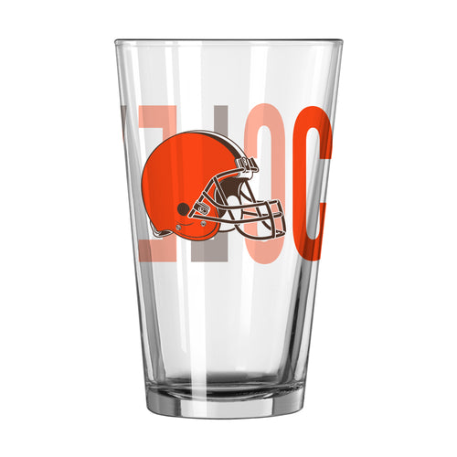 Cleveland Browns 16oz Overtime pint glass with team logo and orange and brown design, made by Logo Brands.