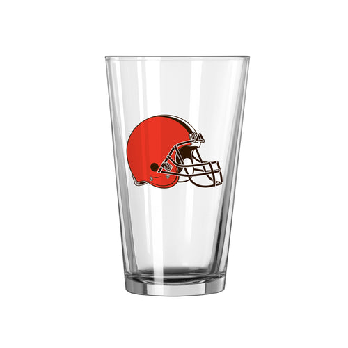 Cleveland Browns 16oz logo pint glass featuring team emblem, made by Logo Brands, perfect for football fans and drinkware collection.