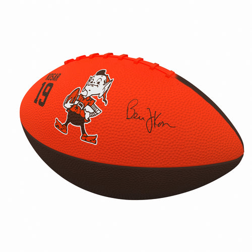 Mini rubber football featuring Cleveland Browns Bernie Kosar logo, perfect for recreation and display.