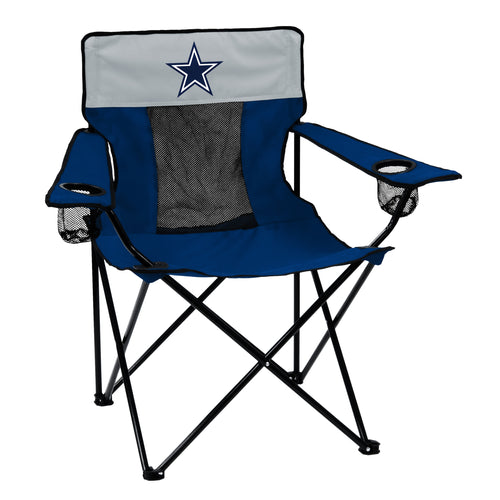 Dallas Cowboys Elite chair showing navy blue fabric with team logo, padded armrests, and sturdy frame for comfortable seating.
