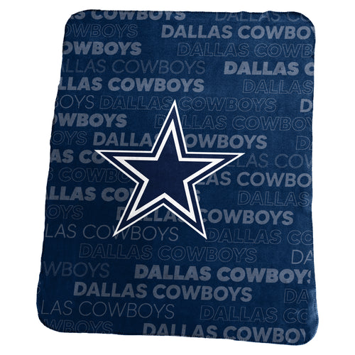 Dallas Cowboys Classic Fleece blanket by Logo Brands, featuring team logo and navy blue and silver colors, soft and cozy for fans