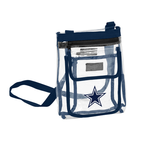 Clear Dallas Cowboys crossbody bag with adjustable strap, featuring team logo and durable transparent design.