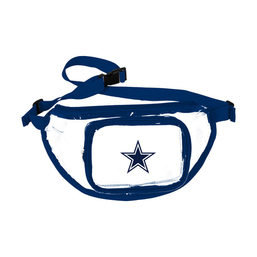 Dallas Cowboys clear fanny pack with logo branding, featuring adjustable strap and transparent design for convenient carrying.