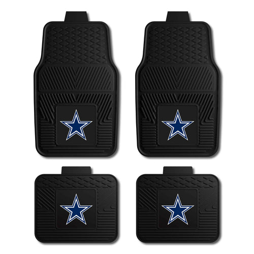 NFL Dallas Cowboys vinyl car mat set featuring four auto mats with Cowboys logo and team colors, designed for vehicle interior durability.