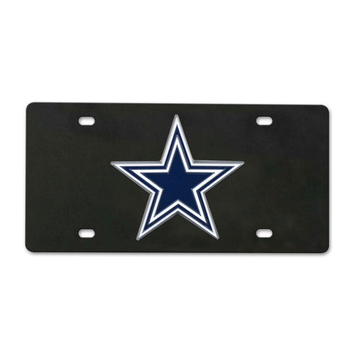 Black Dallas Cowboys diecast license plate with team logo, made by Logo Brands, featuring a durable metal construction.