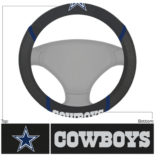 Dallas Cowboys steering wheel cover by Logo Brands, auto cover featuring team logo and durable fabric for car interior protection.