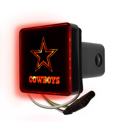 Dallas Cowboys lighted hitch cover by Logo Brands, featuring team logo and illumination for vehicle trailer hitch decoration.