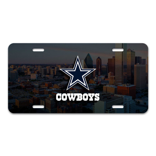 Dallas Cowboys flat metal license plate with team logo and blue background, designed for vehicle or decor use by Logo Brands