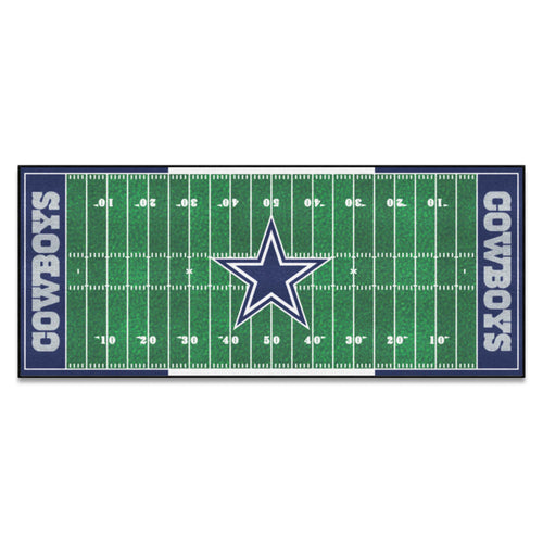 Dallas Cowboys football field runner mat by Logo Brands, featuring team logo and field design for sports-themed decor.