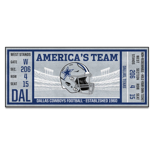 Dallas Cowboys NFL ticket runner mat by Logo Brands, featuring team logo and football-themed design for game day decor.