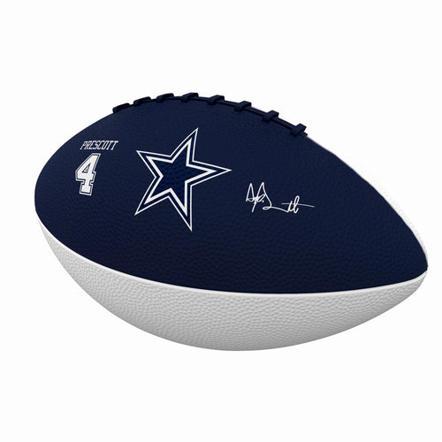 Mini rubber football featuring Dak Prescott and Dallas Cowboys logo, perfect for recreation and fan collection.