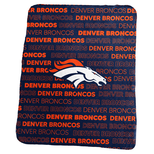 Denver Broncos classic fleece blanket by Logo Brands, soft blue and orange fleece with Broncos logo and team name.